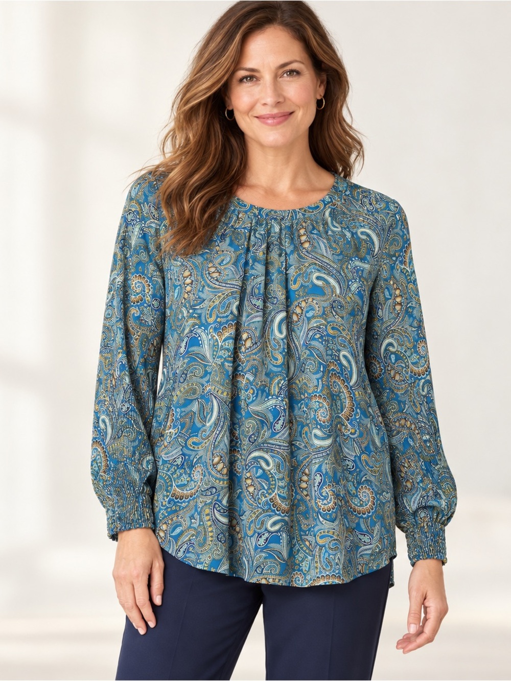 J.Jill Blue Paisley Print Long Sleeve Blouse Size Medium